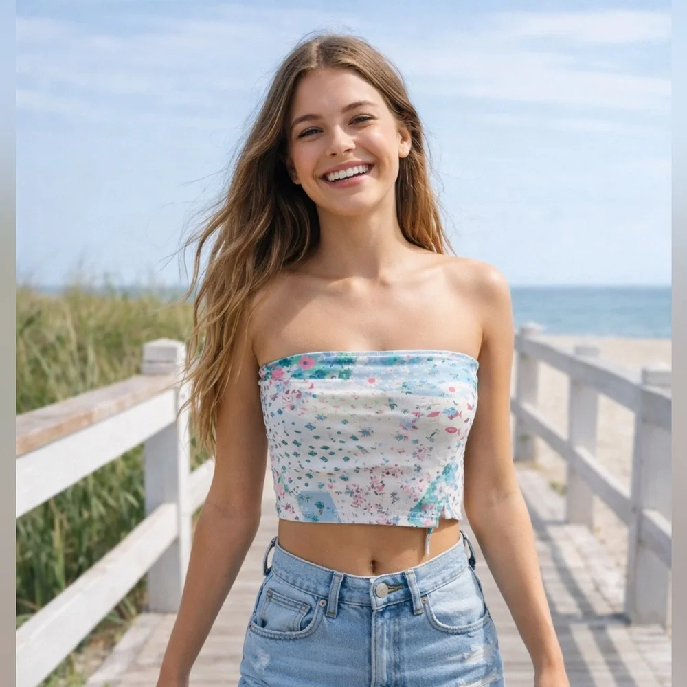 SHEIN Blue and Pink Floral Strapless Crop Top - Picture 1 of 7